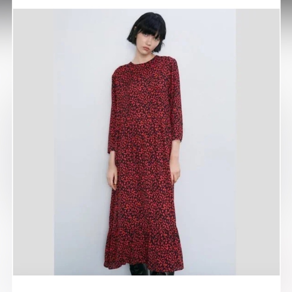 Zara Leopard Print Midi Dress Red Black XS